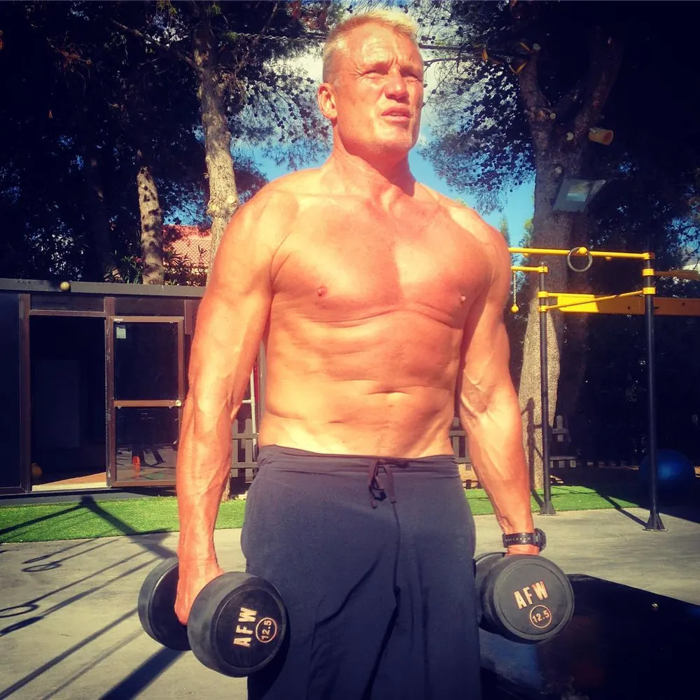 Dolph Lundgren training outdoors at the Marbella camp